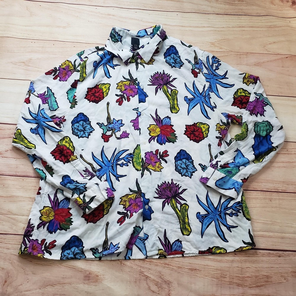 H&M Shirt Mens 2XL White Floral Long Sleeve Button‎ Up Viscose Casual Summer XXL